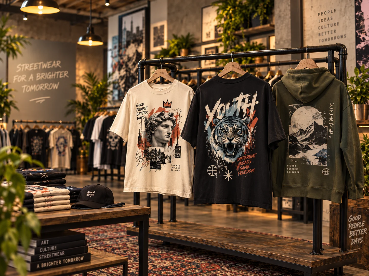 Camisetas e moletom estampados em DTF, numa arara de loja de streetwear
